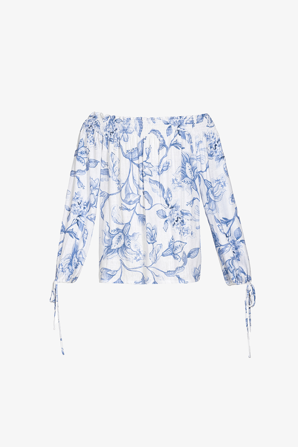 Áo kiểu họa tiết hoa trễ vai tay dài