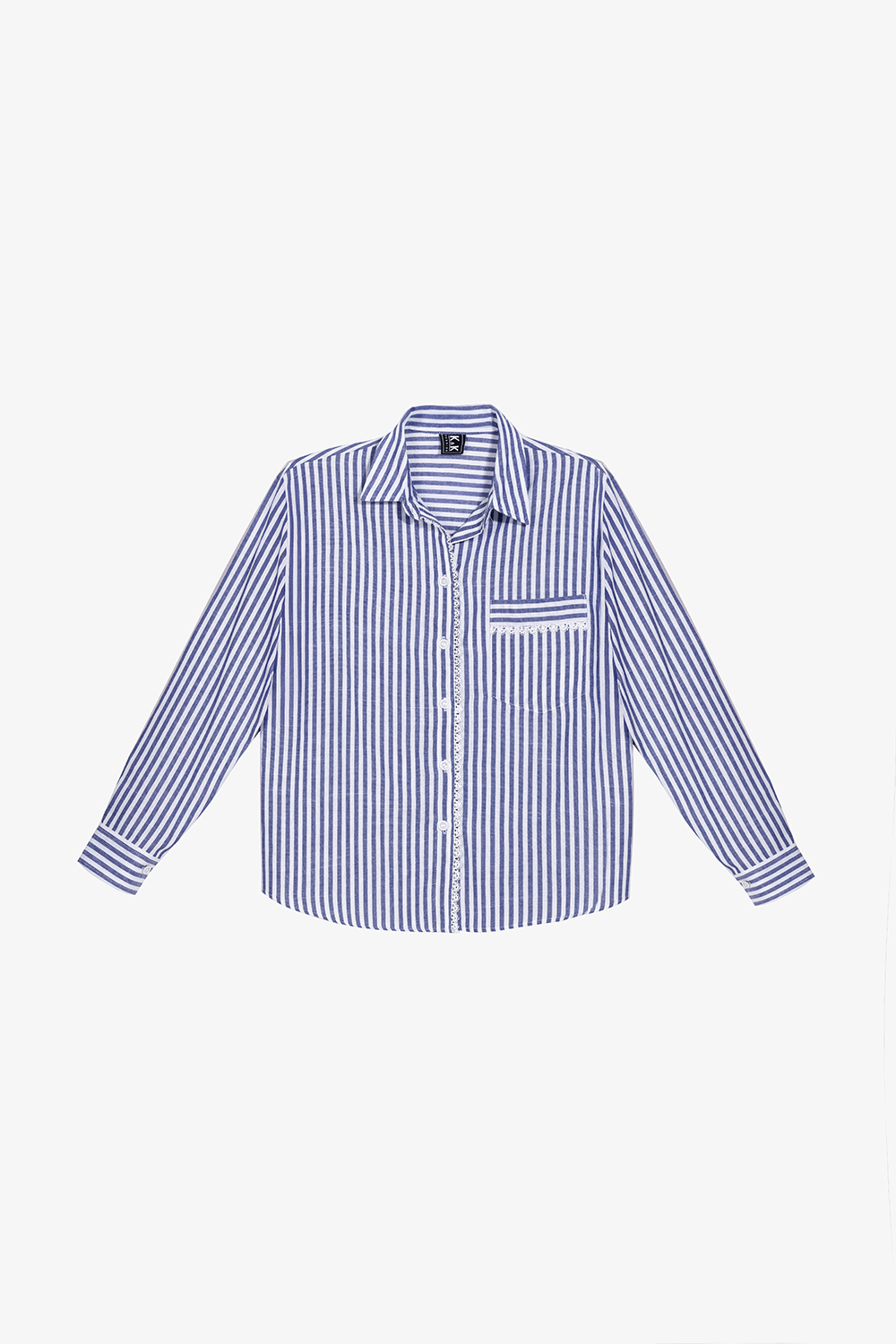 Áo sơ mi nữ kẻ sọc trắng xanh viền đăng ten