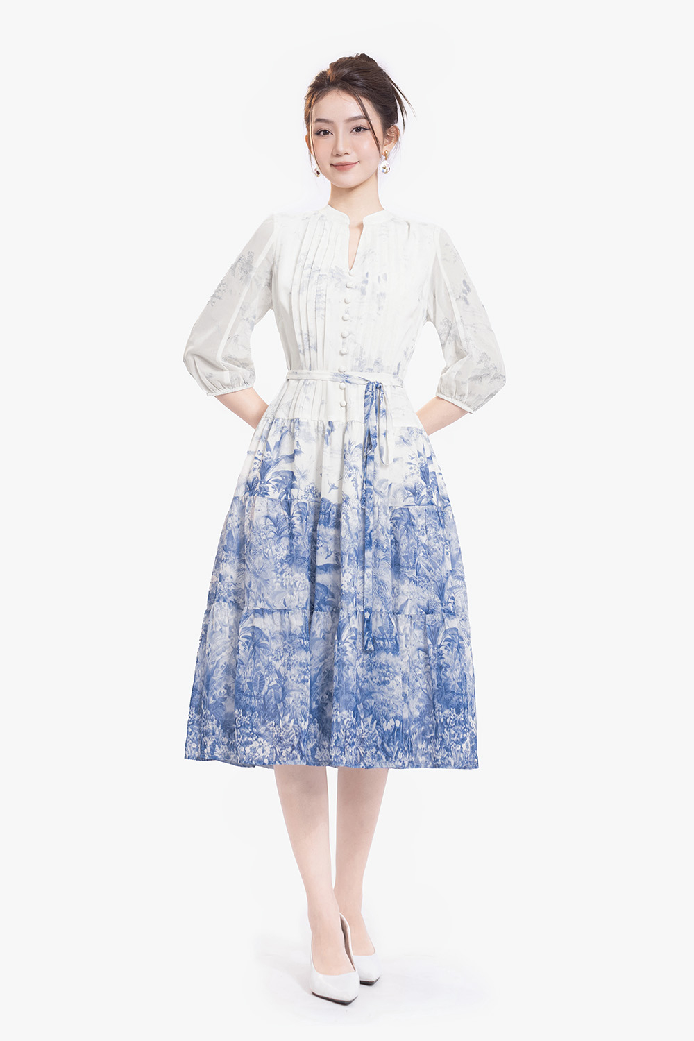 Đầm xòe tay lỡ họa tiết phối thắt lưng