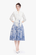 Đầm xòe tay lỡ họa tiết phối thắt lưng