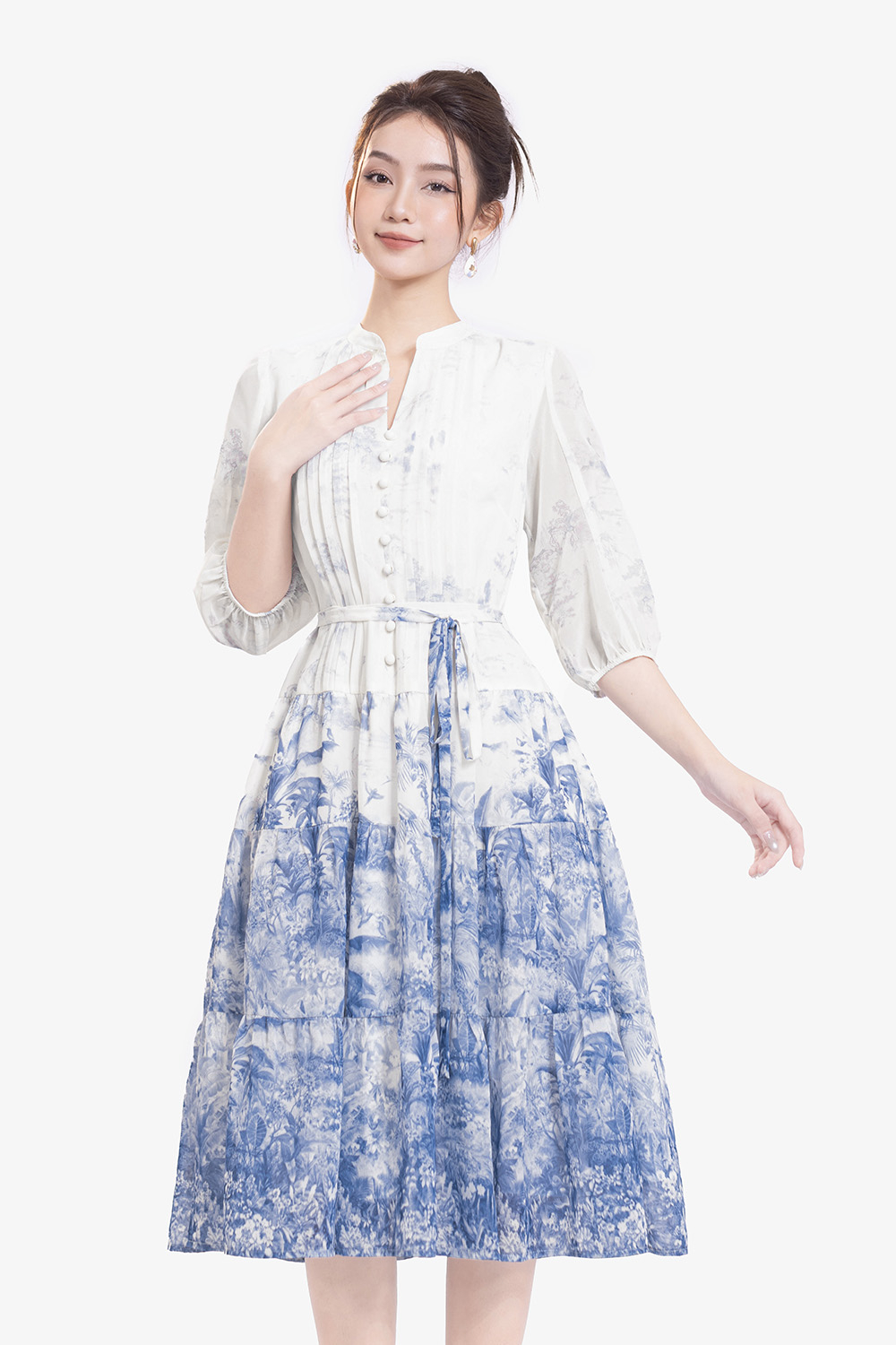 Đầm xòe tay lỡ họa tiết phối thắt lưng