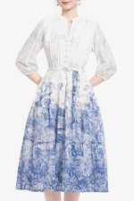 Đầm xòe tay lỡ họa tiết phối thắt lưng