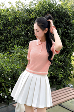 Áo polo len dệt kim hồng viền trắng