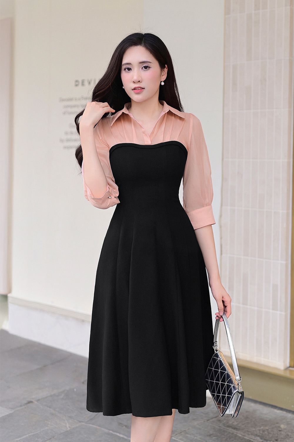 Đầm đen xòe công sở phối màu tay lỡ KK178-16