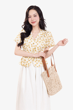 Áo peplum hoa cổ V tay phồng