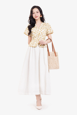 Áo peplum hoa cổ V tay phồng