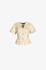 Áo peplum hoa cổ V tay phồng