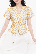 Áo peplum hoa cổ V tay phồng