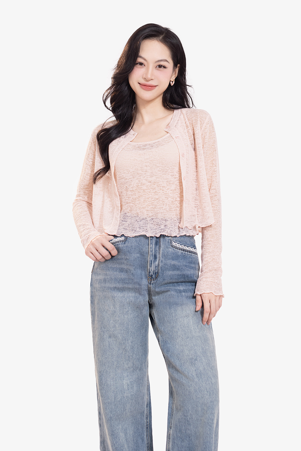 Áo thun len màu hồng dáng suông tay dài