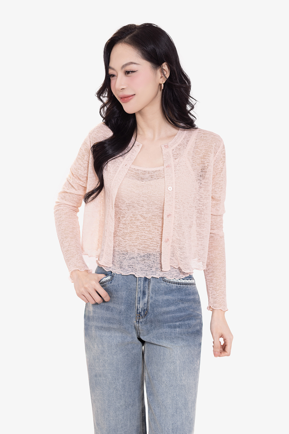 Áo thun len màu hồng dáng suông tay dài