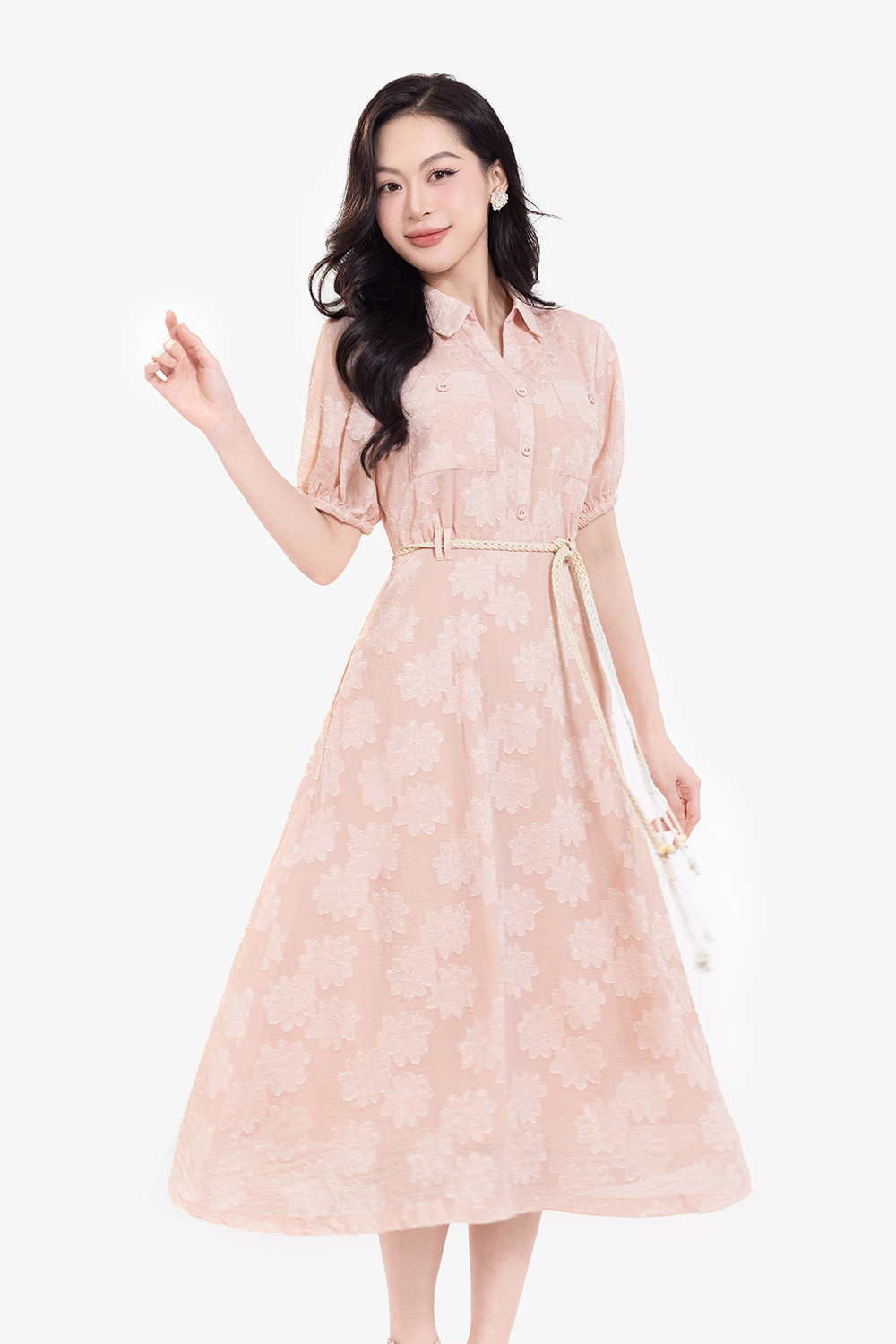 Đầm hoa dáng xòe dài màu hồng