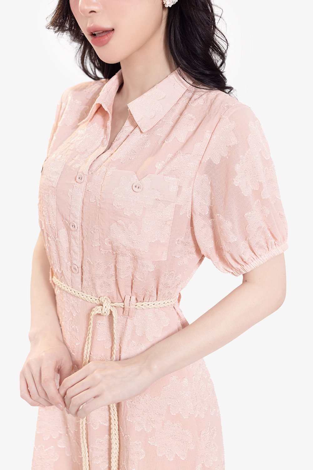 Đầm hoa dáng xòe dài màu hồng