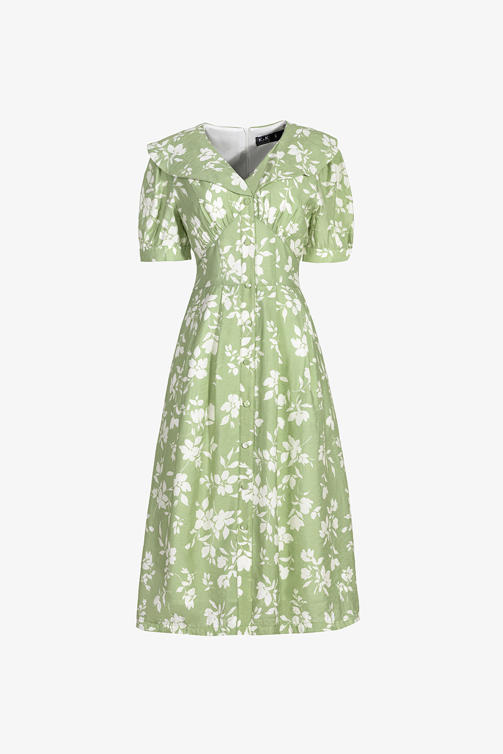 Đầm xòe xanh hoa trắng nhấn eo