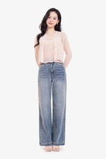 Quần jeans nữ ống suông xanh nhạt viền túi