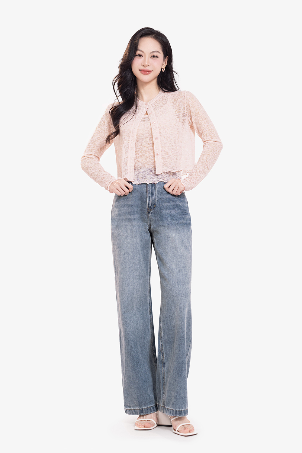 Quần jeans nữ ống suông xanh nhạt viền túi