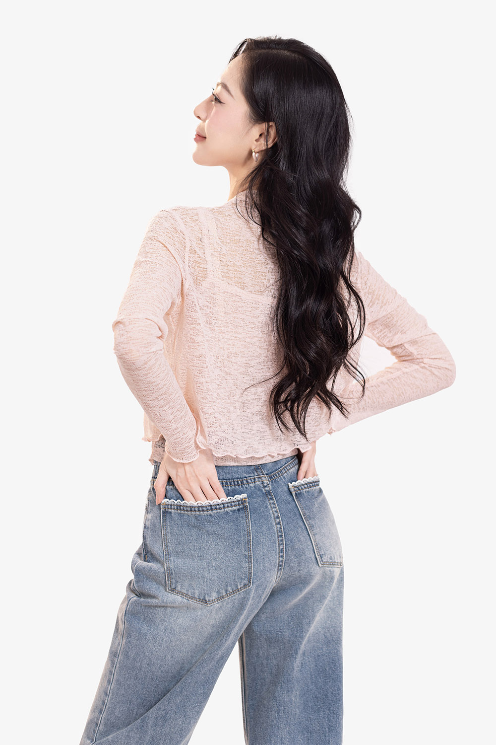 Quần jeans nữ ống suông xanh nhạt viền túi