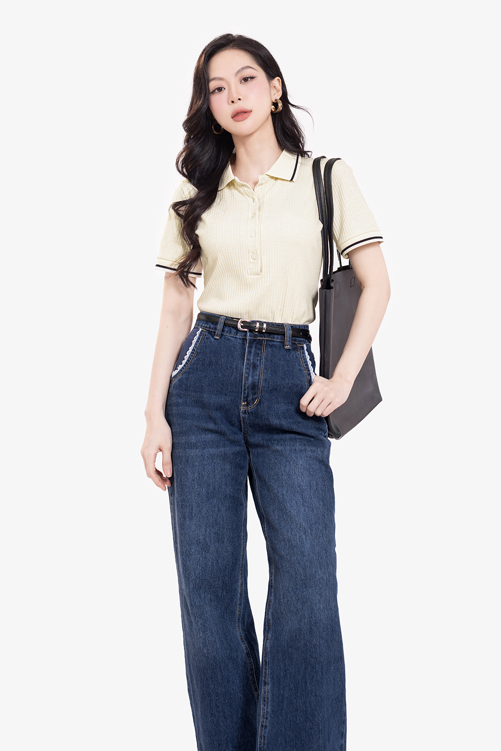 Quần jeans nữ ống suông xanh đậm viền túi