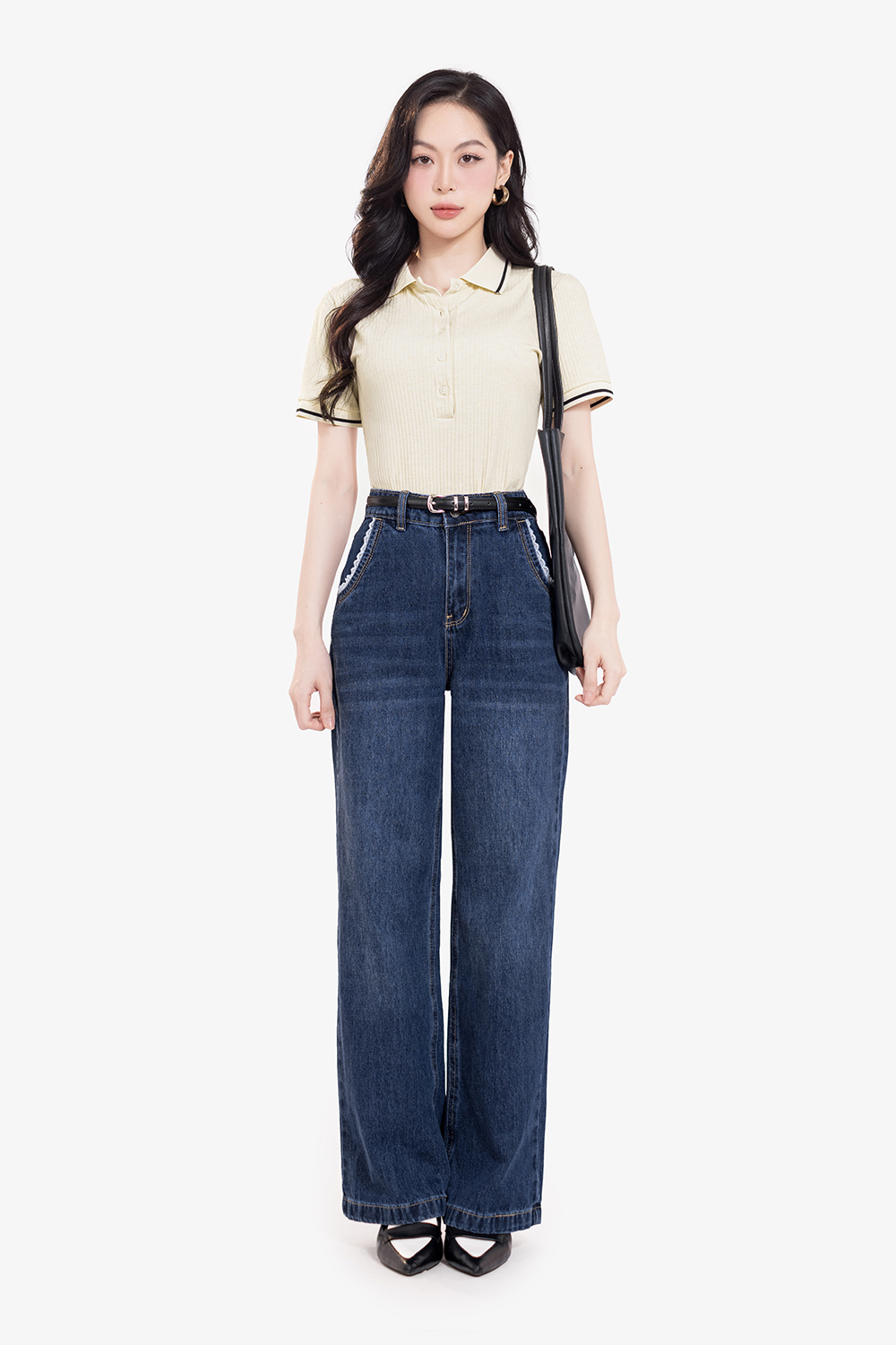 Quần jeans nữ ống suông xanh đậm viền túi