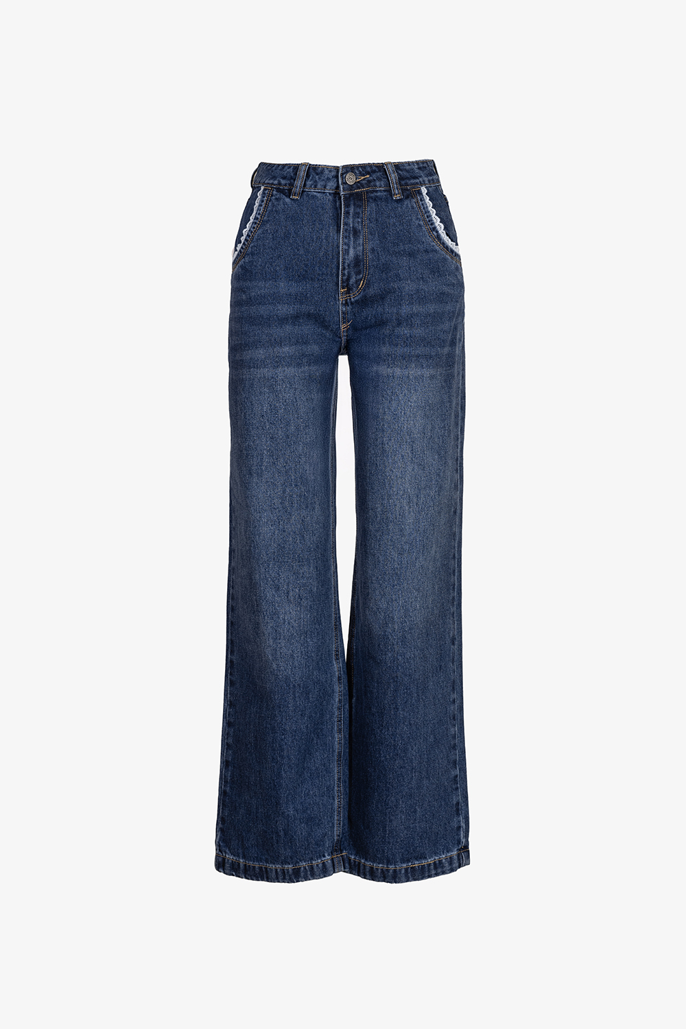 Quần jeans nữ ống suông xanh đậm viền túi