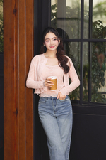 Áo thun len màu hồng dáng suông tay dài