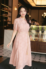 Đầm hoa dáng xòe dài màu hồng