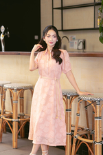 Đầm hoa dáng xòe dài màu hồng