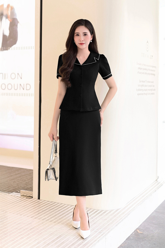 Áo kiểu công sở nữ màu đen viền trắng ASM27-40
