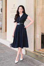 Đầm xòe công sở cổ V tay chờm phối màu