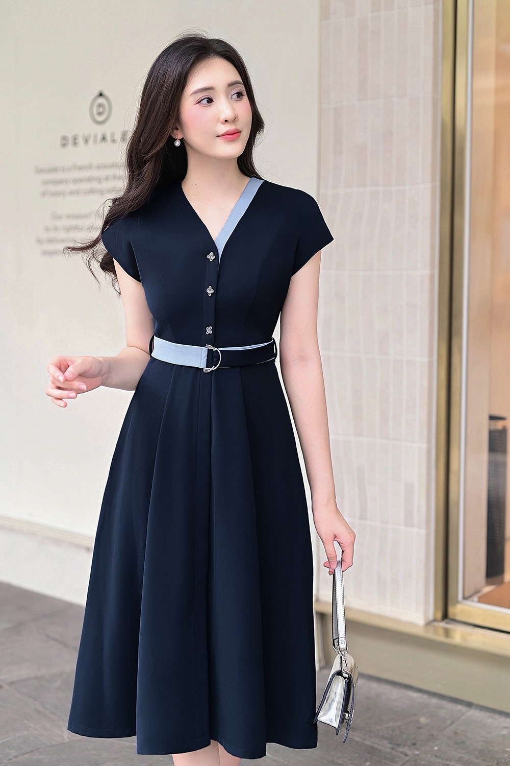 Đầm xòe công sở cổ V phối màu KK178-10