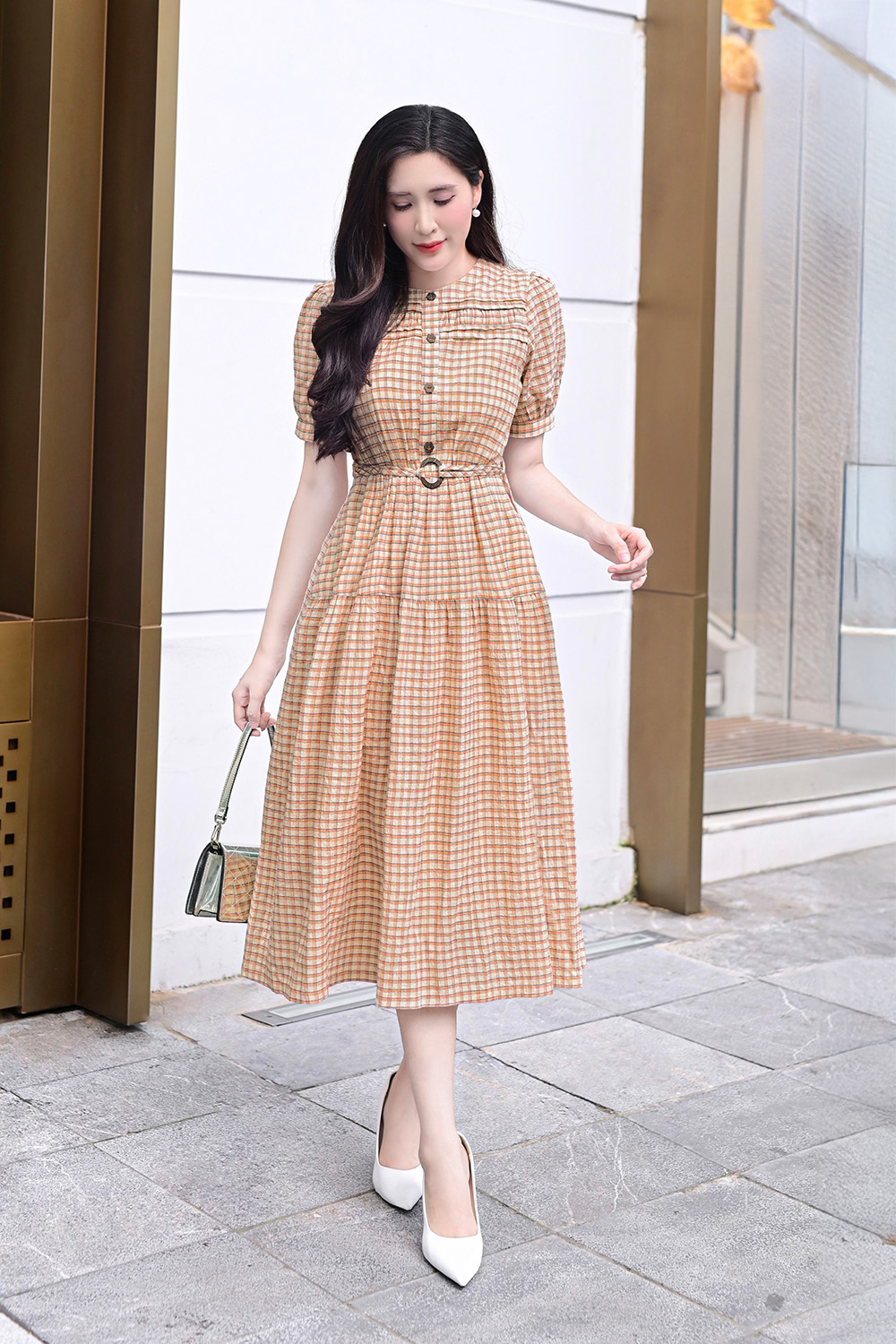 Đầm xòe họa tiết caro nhí dáng dài