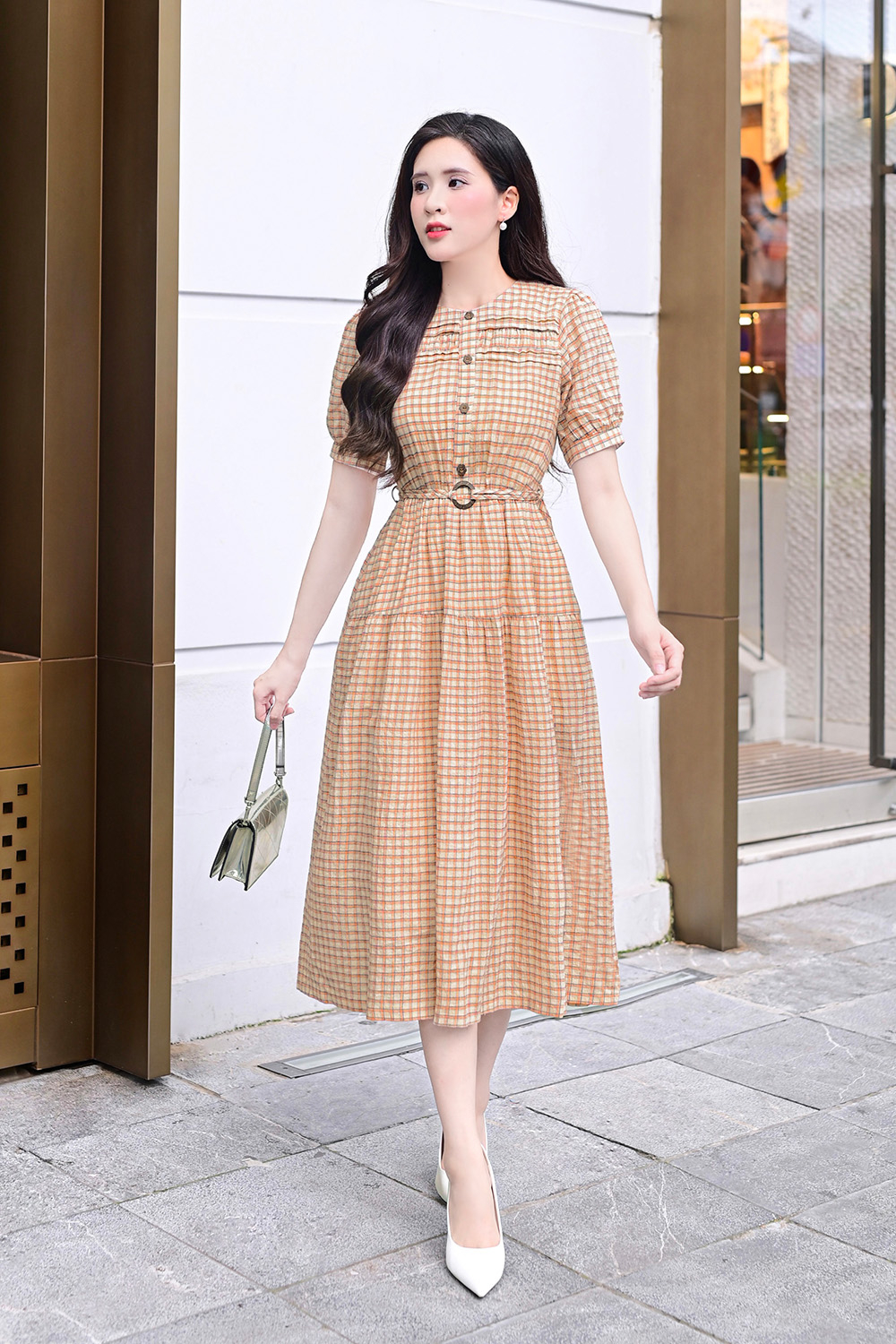 Đầm xòe họa tiết caro nhí dáng dài