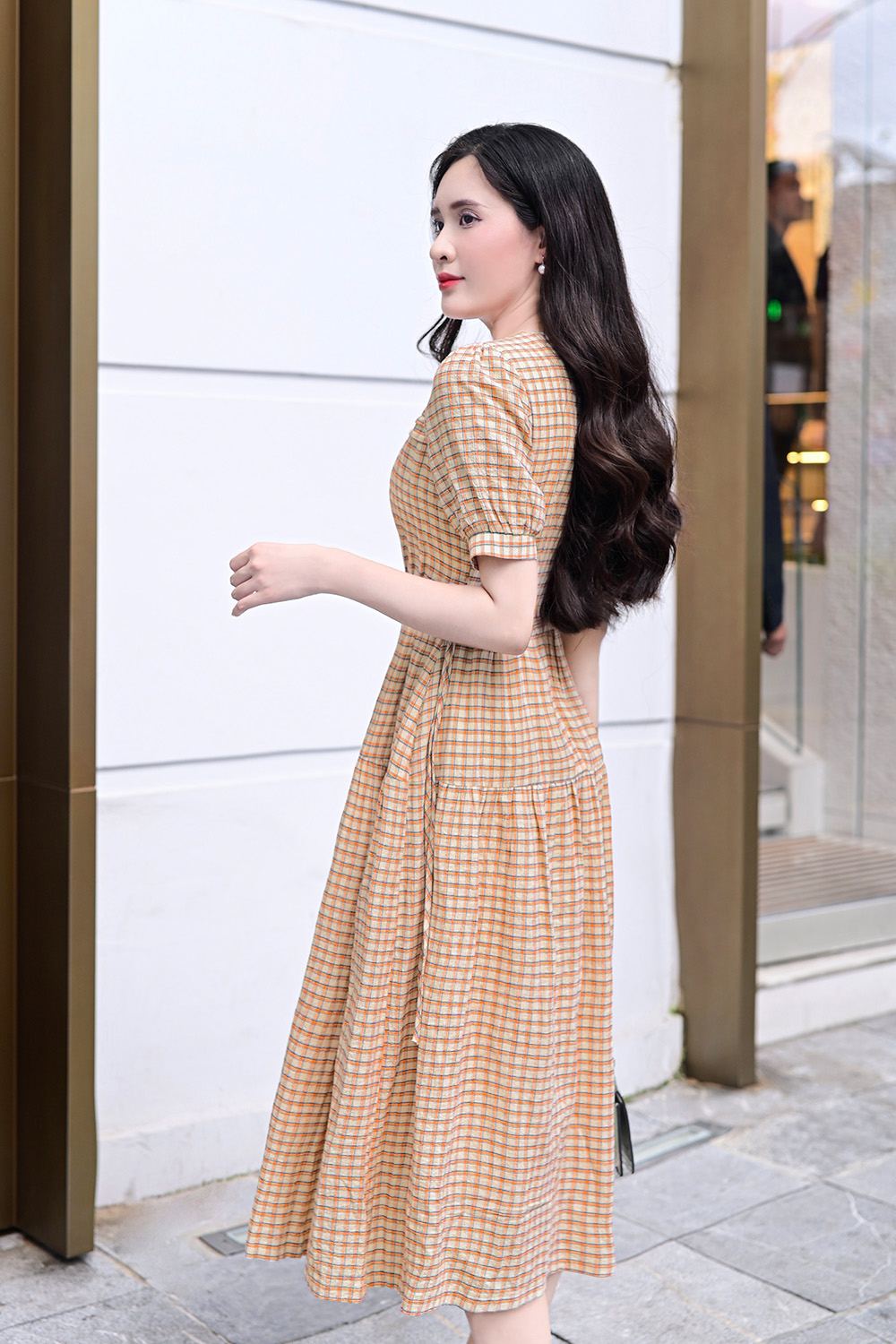 Đầm xòe họa tiết caro nhí dáng dài