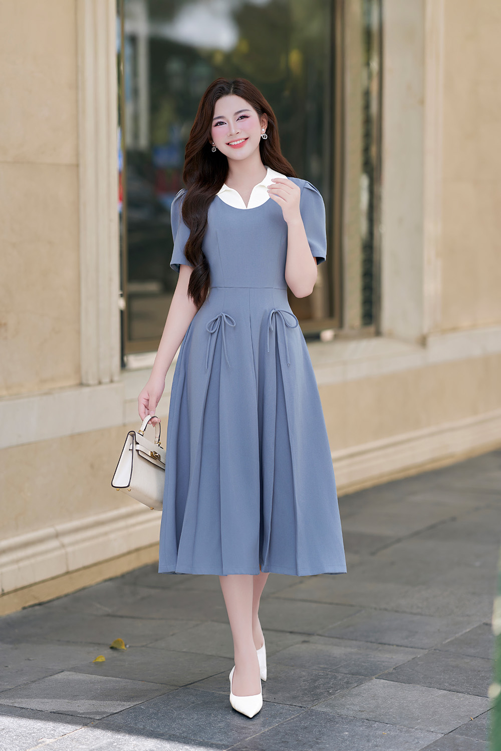 Đầm xòe công sở màu xanh cổ sơ mi trắng