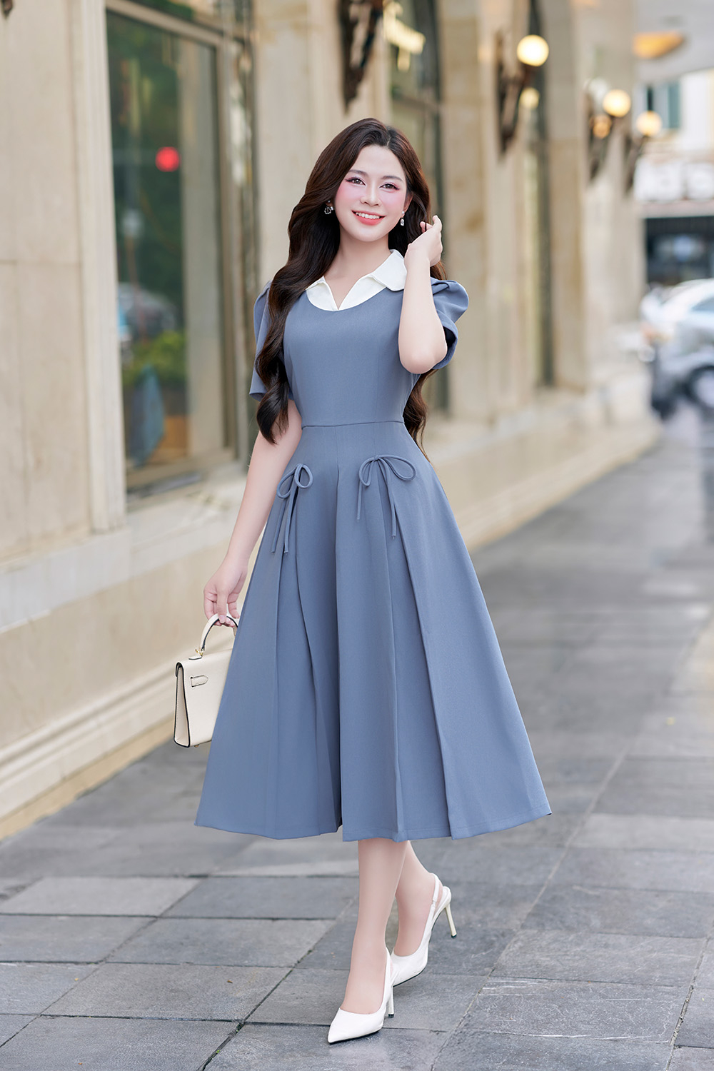 Đầm xòe công sở màu xanh cổ sơ mi trắng