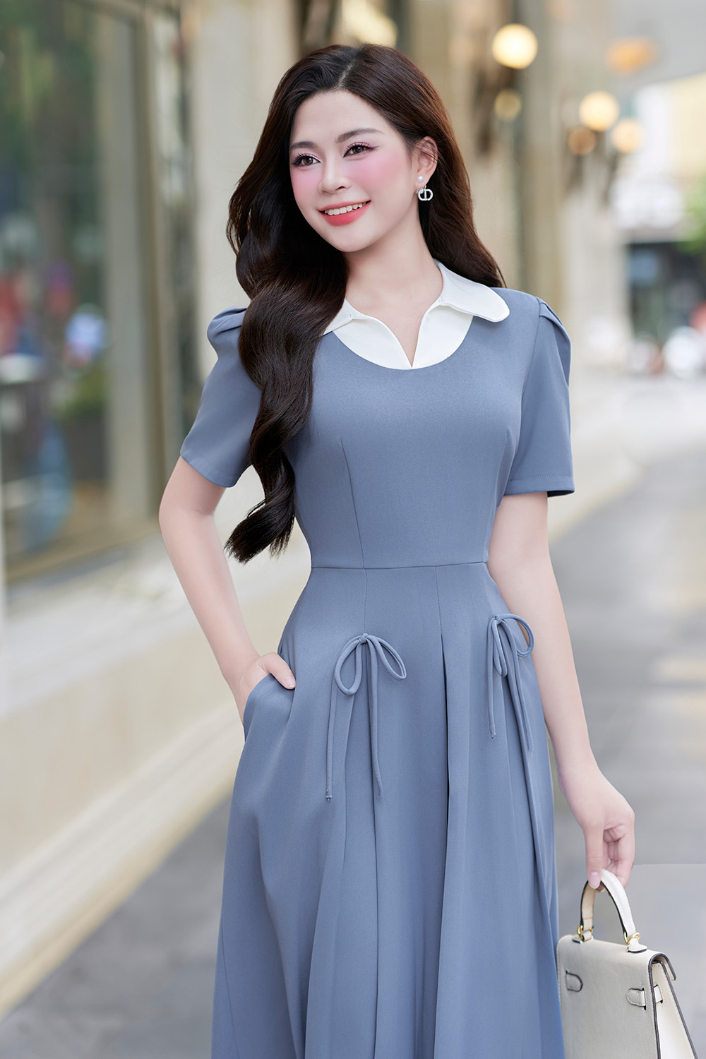 Đầm xòe công sở màu xanh cổ sơ mi trắng