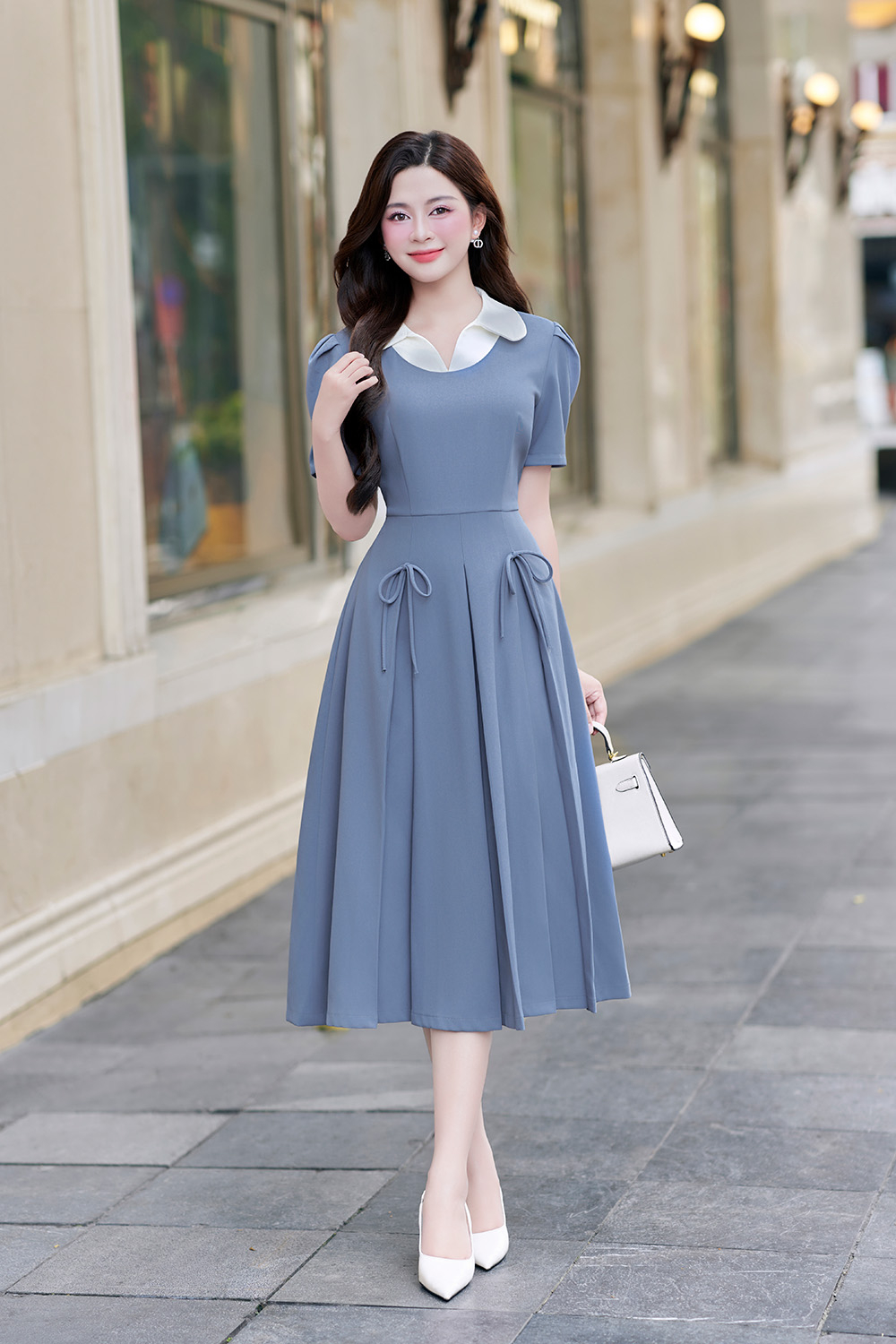 Đầm xòe công sở màu xanh cổ sơ mi trắng