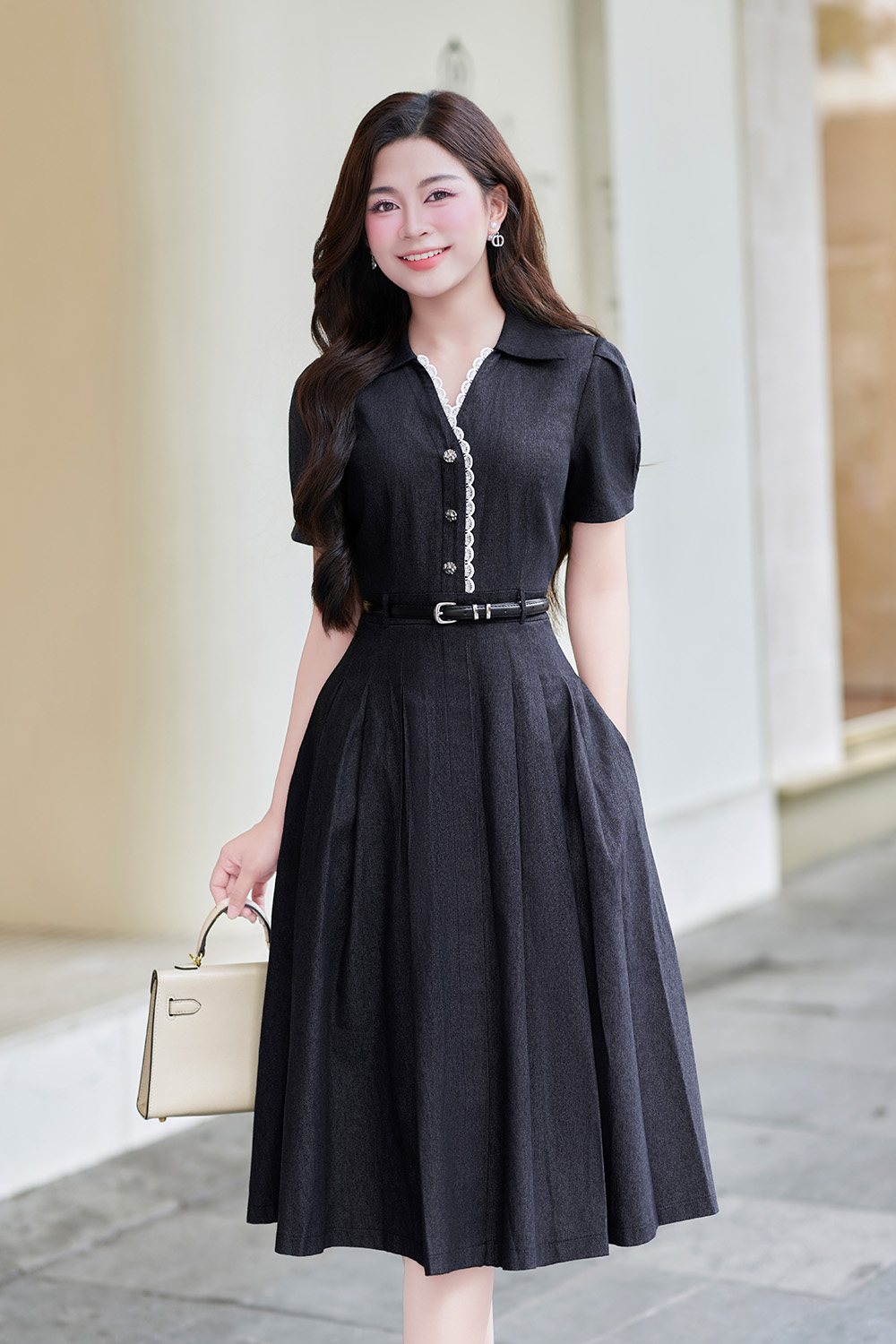 Đầm xòe denim cổ sơ mi phối ren trắng