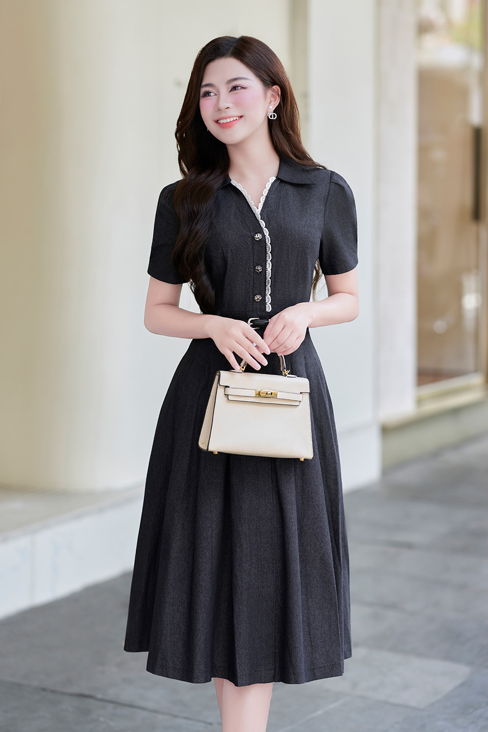 Đầm xòe denim cổ sơ mi phối ren trắng