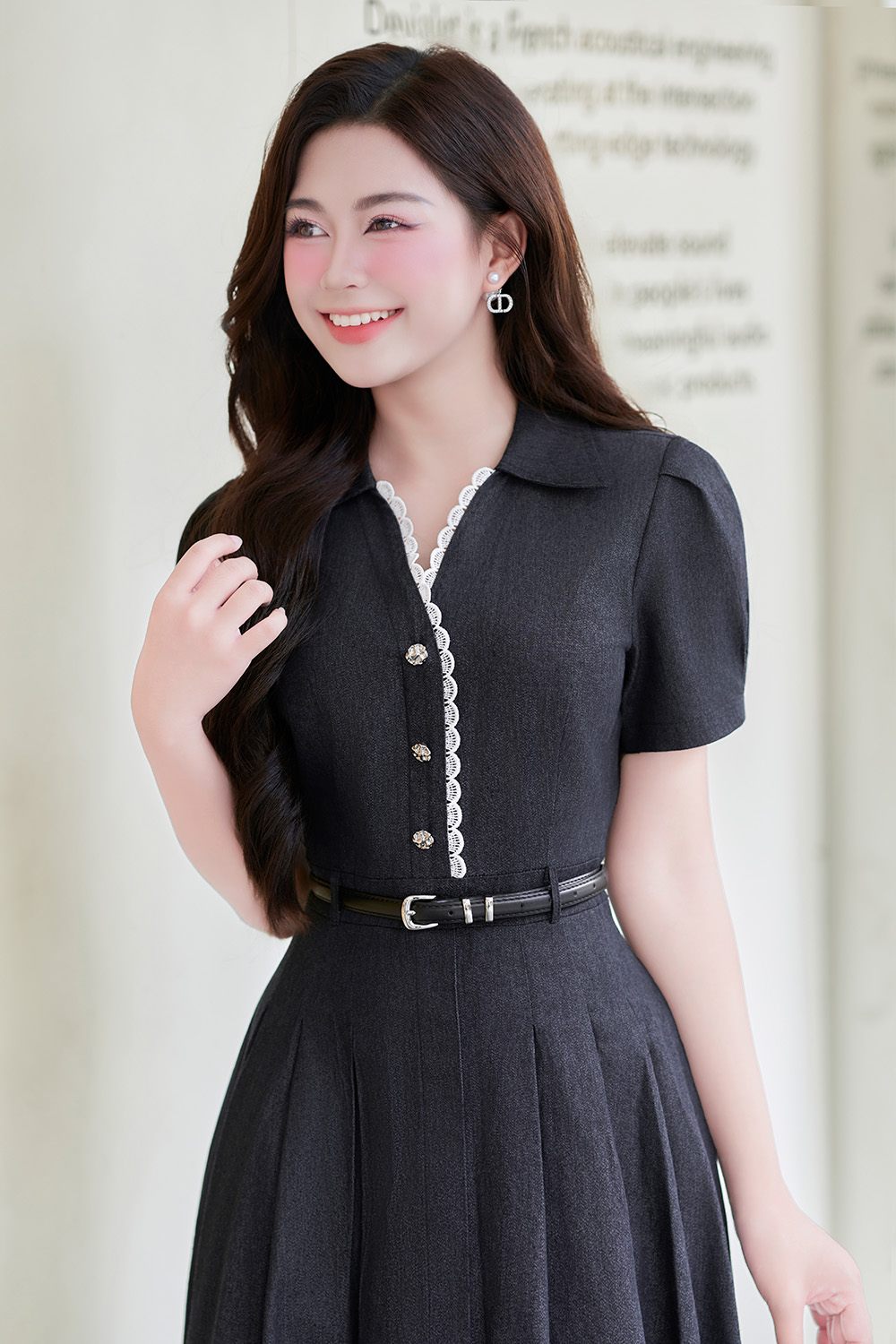 Đầm xòe denim cổ sơ mi phối ren trắng