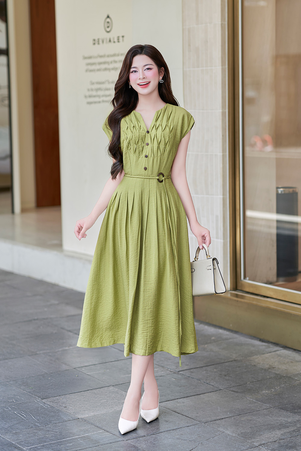 Đầm xòe xanh cổ cách điệu phối thắt lưng KK177-35