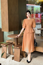 Áo kiểu tay bồng cổ tròn nhấn eo