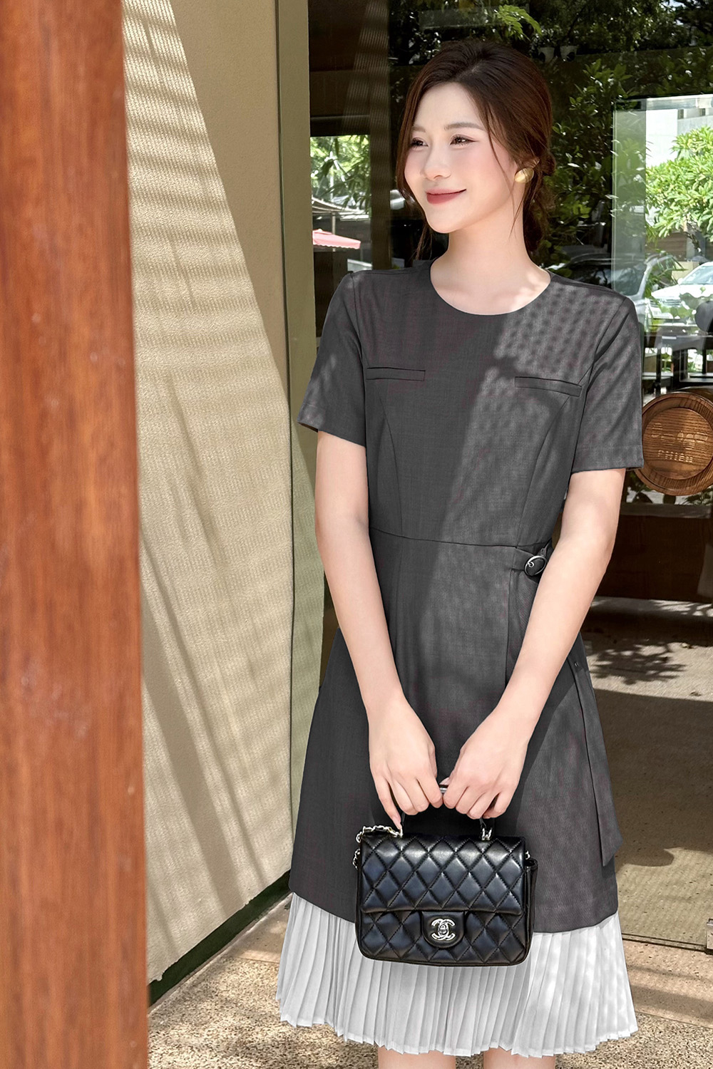 Đầm công sở dáng chữ A phối tùng váy xếp ly