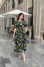 Đầm đen hoa dáng xòe tay phồng phối nơ