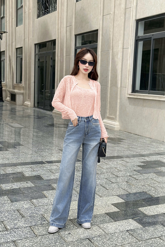 Quần jeans nữ ống suông xanh nhạt viền túi QJ-21