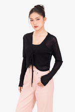 Áo khoác cardigan ngắn màu đen buộc dây