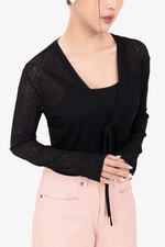 Áo khoác cardigan ngắn màu đen buộc dây