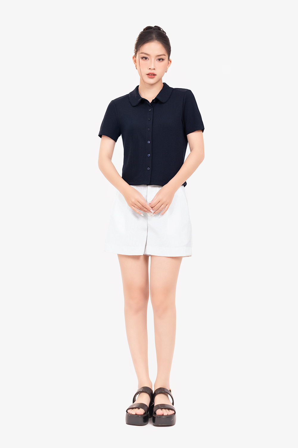 Áo thun gân xanh đen cổ sen cài cúc trước