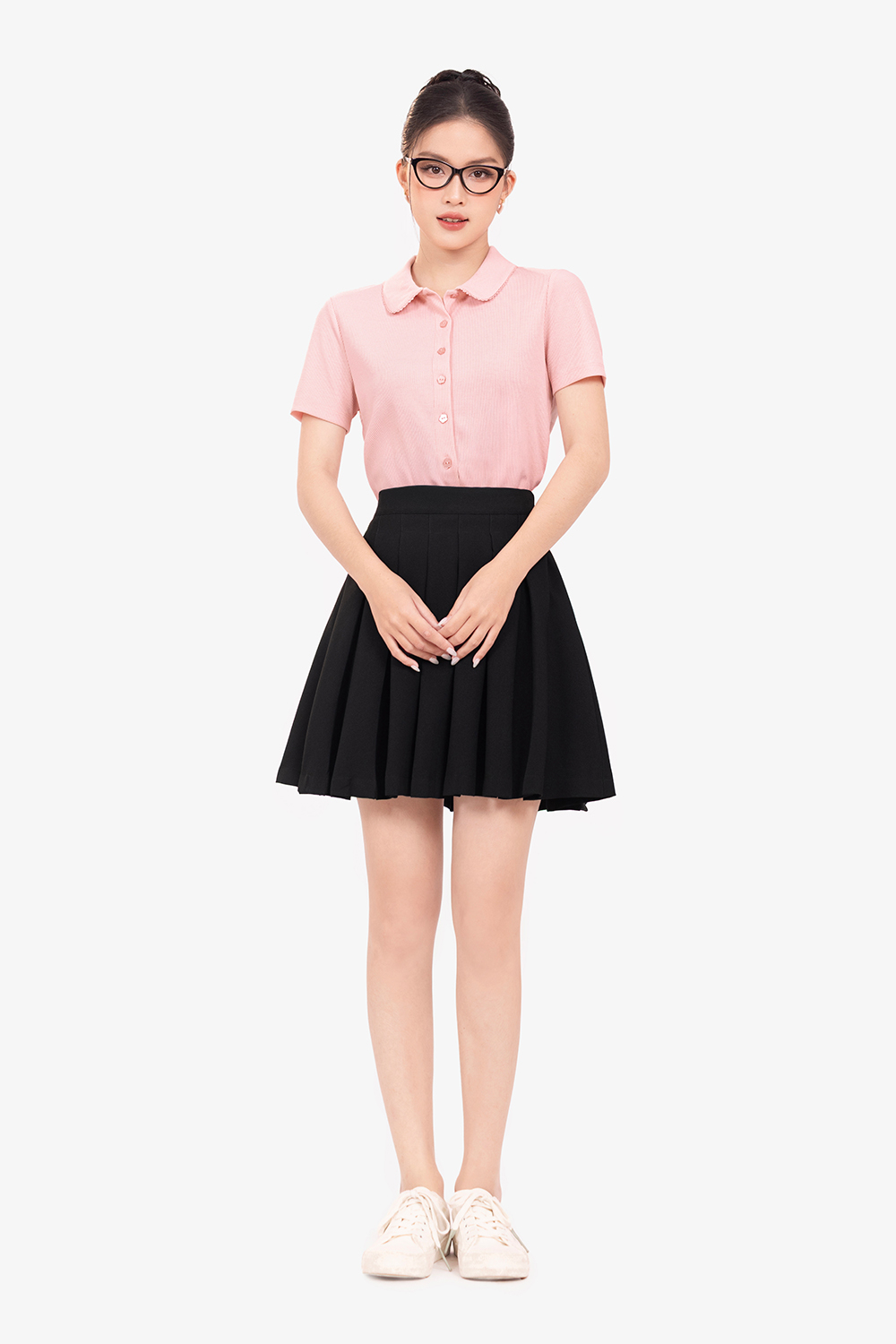 Áo thun gân màu hồng cổ sen cài cúc trước