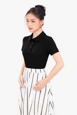 Áo thun gân cotton cổ sen màu đen