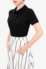 Áo thun gân cotton cổ sen màu đen
